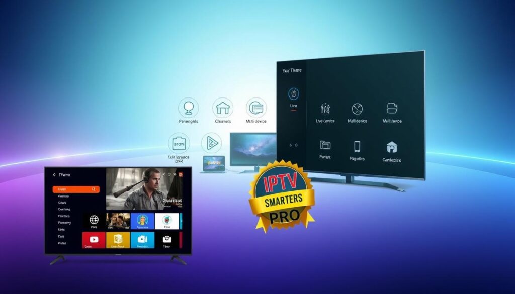 A modern, stylized illustration showcasing the key features of the IPTV Smarters Pro application. The foreground depicts the application's user interface, with clean and intuitive menu options, live TV channels, and a prominent "Pro" badge. The middle ground features various icons and graphics representing the app's advanced functionality, such as parental controls, multi-device synchronization, and DVR capabilities. The background is a vibrant, gradient-based environment, evoking a sense of technology and digital innovation. The overall composition is balanced, with a sleek, minimalist aesthetic that aligns with the application's professional and sophisticated branding.