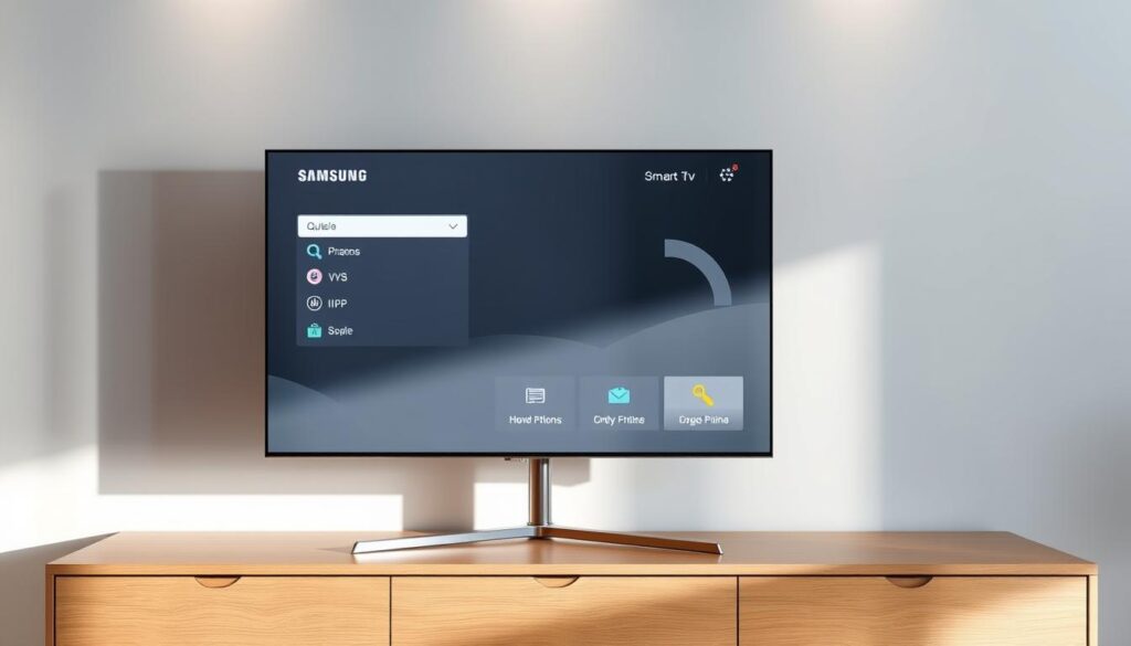 A sleek and modern Samsung Smart TV display, its screen showing the IPTV Smarters Pro interface. The user interface is meticulously rendered, with clean lines, intuitive icons, and a refined color palette of greys, whites, and accents of blue. The TV is placed on a minimalist wooden media console, with soft indirect lighting illuminating the scene. The overall atmosphere is one of simplicity, efficiency, and technological sophistication, reflecting the seamless integration of IPTV Smarters Pro into the Samsung Smart TV ecosystem.